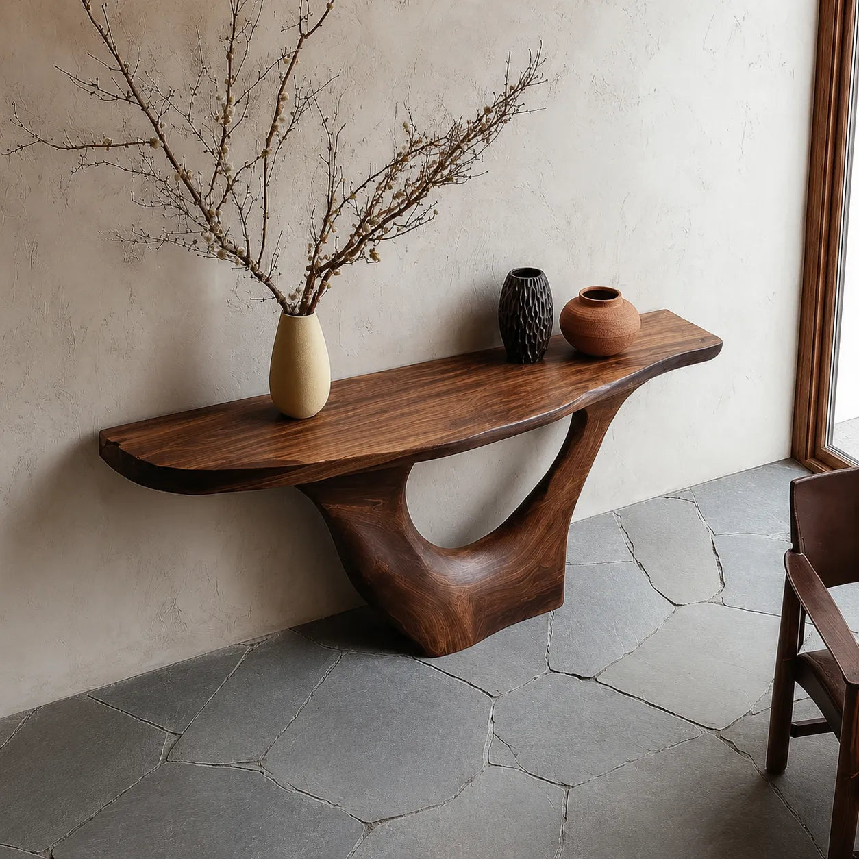 Sculptural Natural Solid Wood Console Table with Organic Open Base