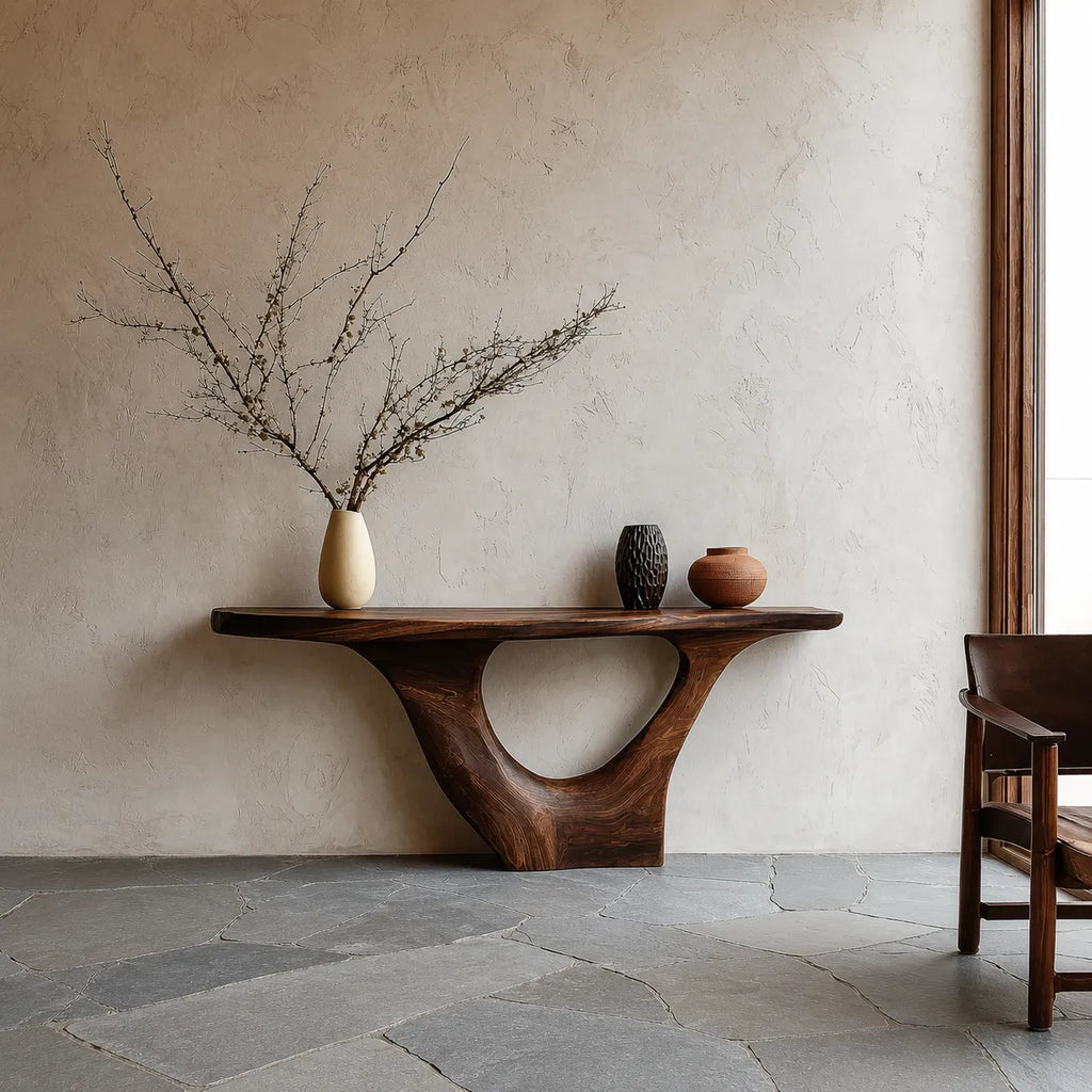 Sculptural Natural Solid Wood Console Table with Organic Open Base