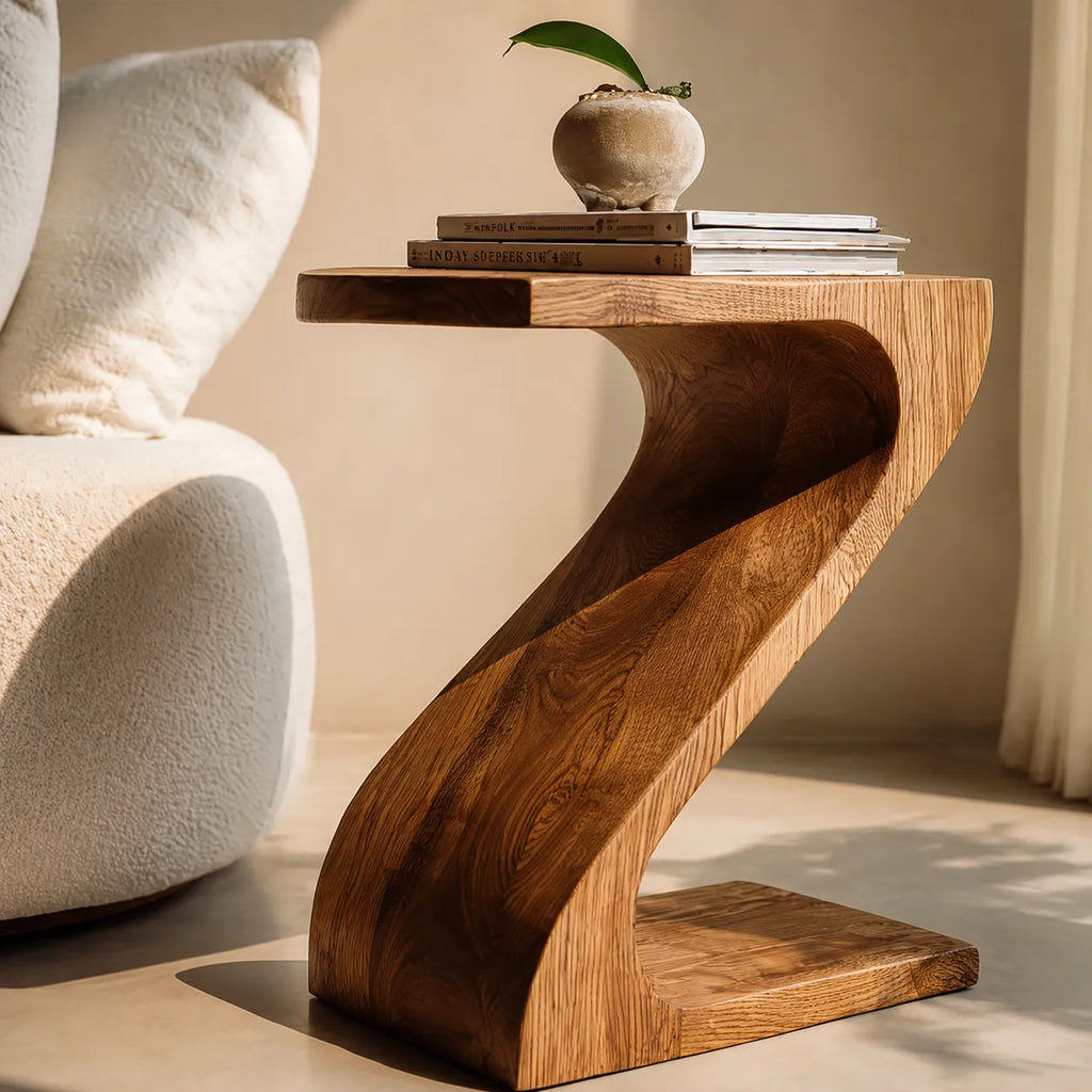 Sculptural Natural Solid Wood Side Table with Curved Z Base