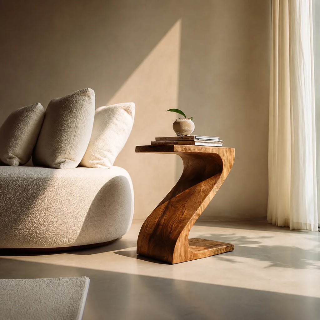 Sculptural Natural Solid Wood Side Table with Curved Z Base