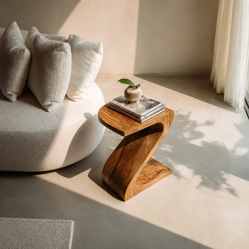 Sculptural Natural Solid Wood Side Table with Curved Z Base
