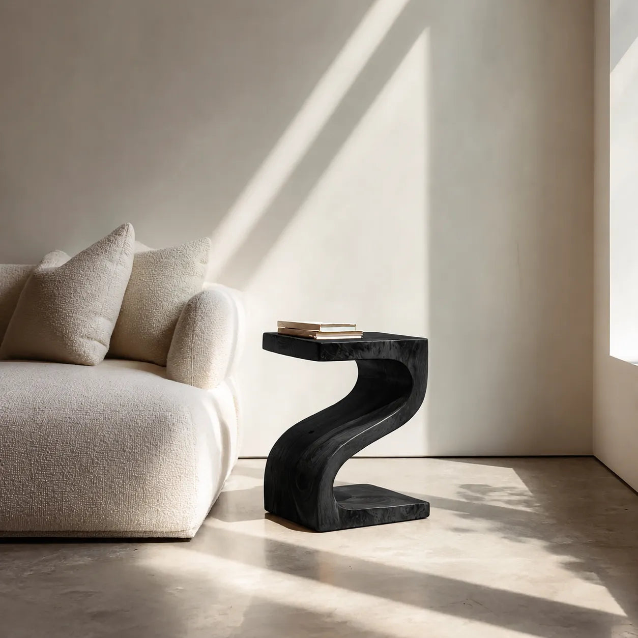 Sculptural Natural Solid Wood Side Table with Curved Z Base