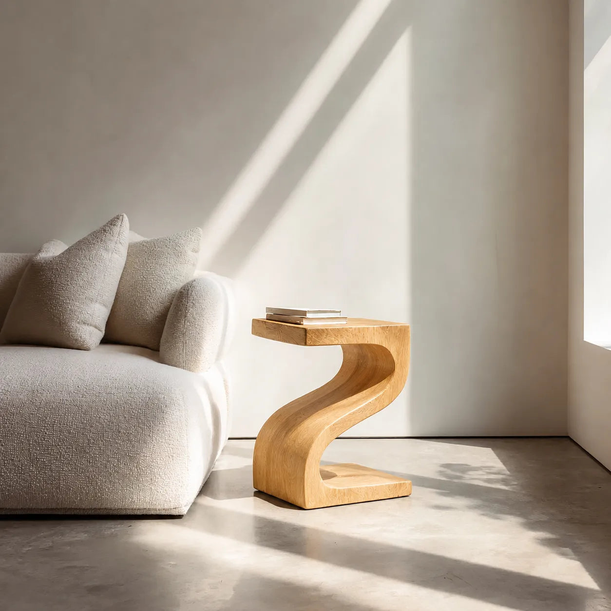 Sculptural Natural Solid Wood Side Table with Curved Z Base