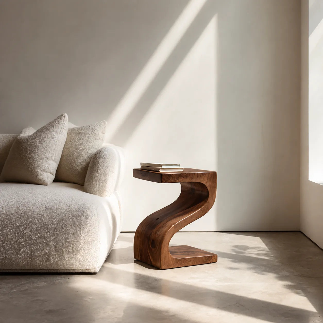 Sculptural Natural Solid Wood Side Table with Curved Z Base