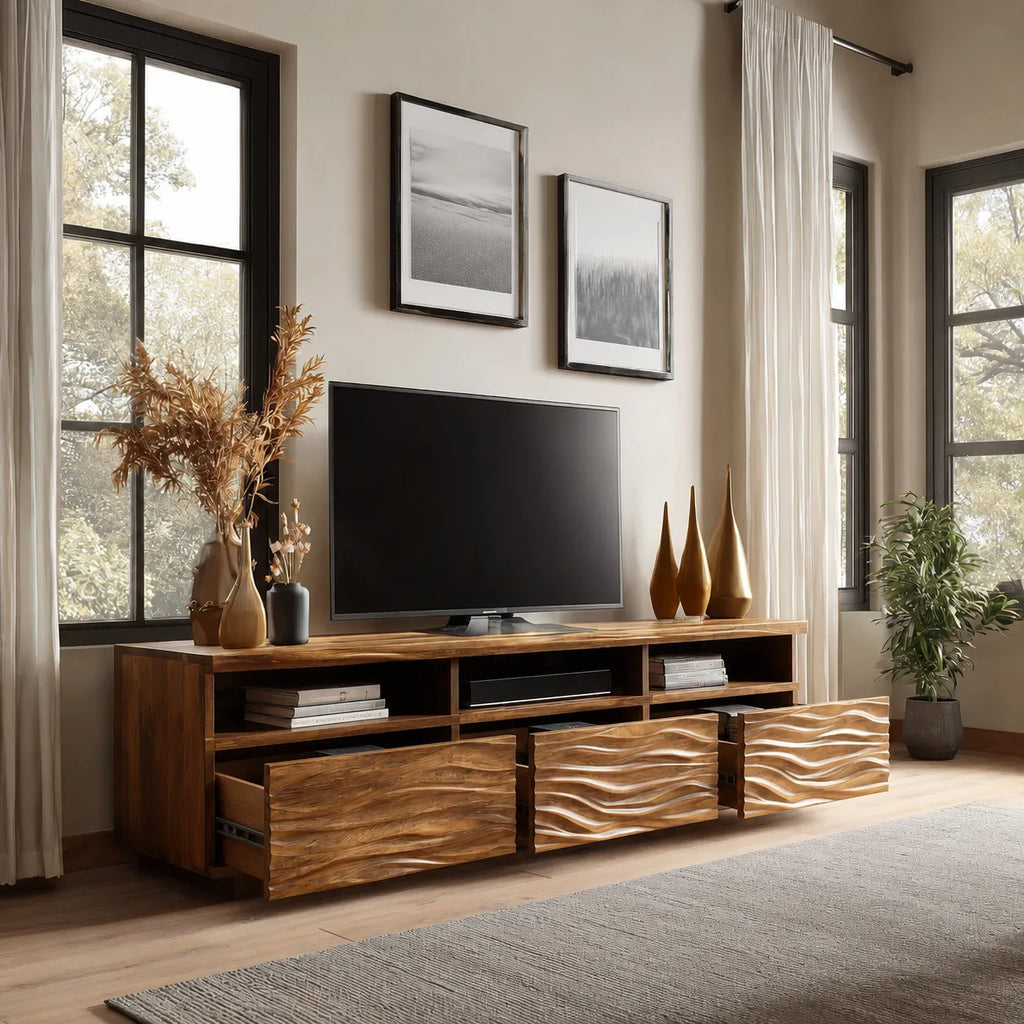 Wave Carved Natural Solid Wood TV Stand with Open Shelf Storage