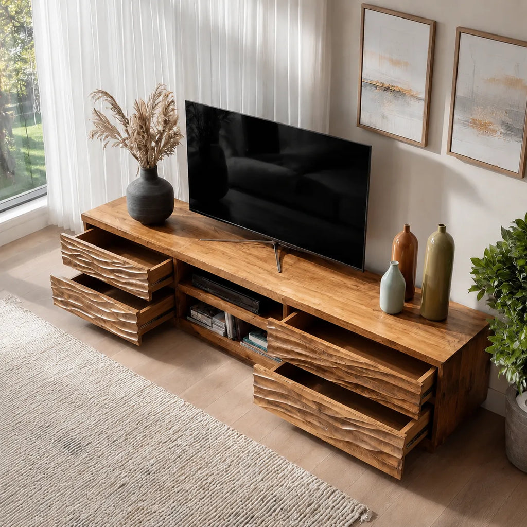 Wave Carved Natural Solid Wood TV Stand with Open Center Storage