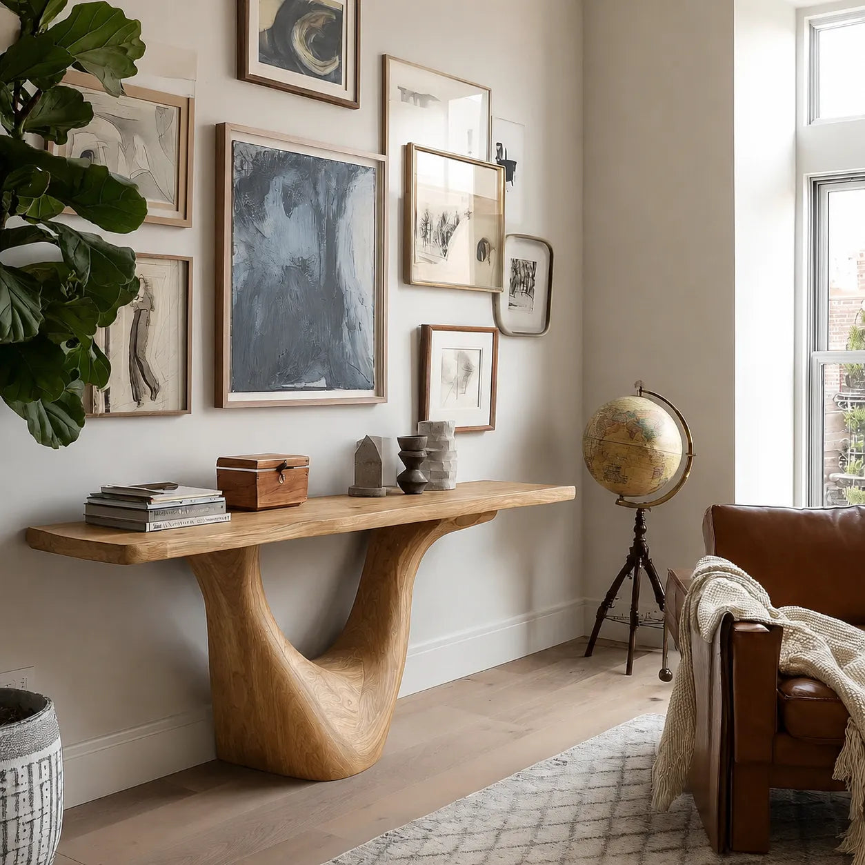 Organic Natural Solid Wood Console Table with Sculptural Open Base