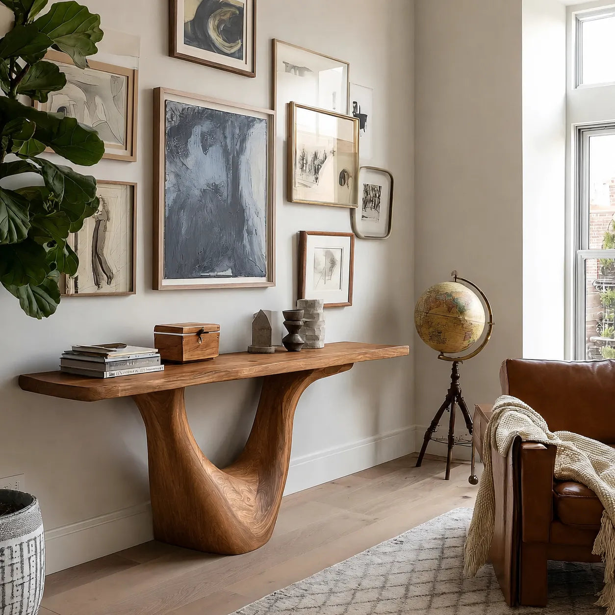 Organic Natural Solid Wood Console Table with Sculptural Open Base
