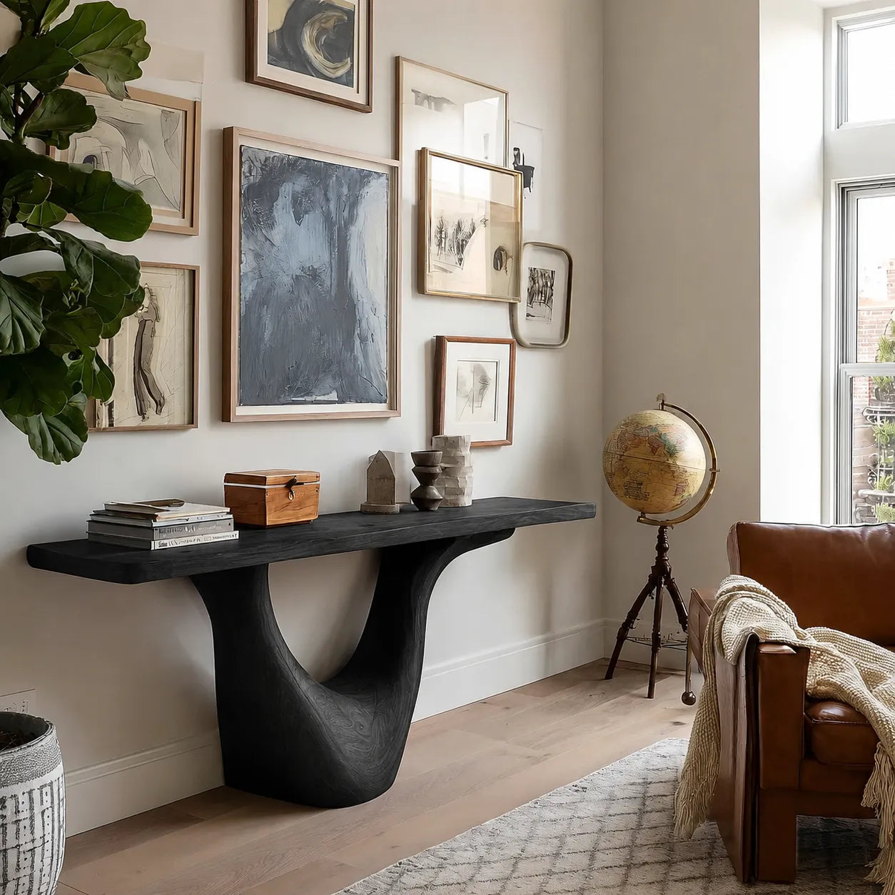 Organic Natural Solid Wood Console Table with Sculptural Open Base