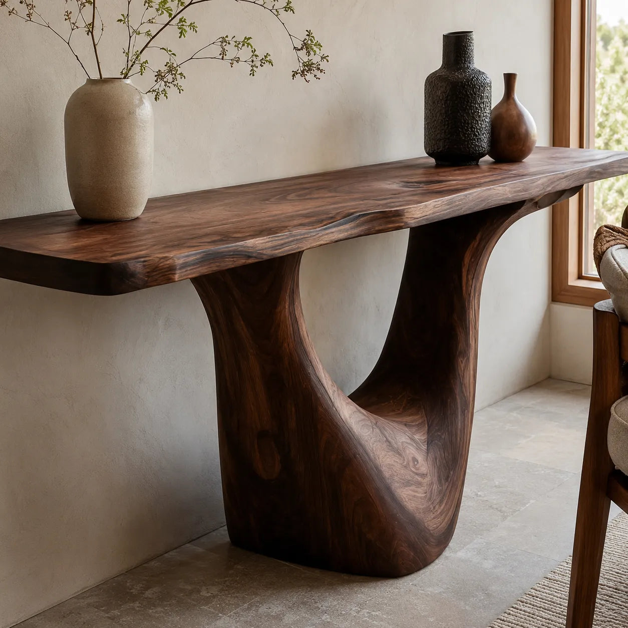 Organic Natural Solid Wood Console Table with Sculptural Open Base