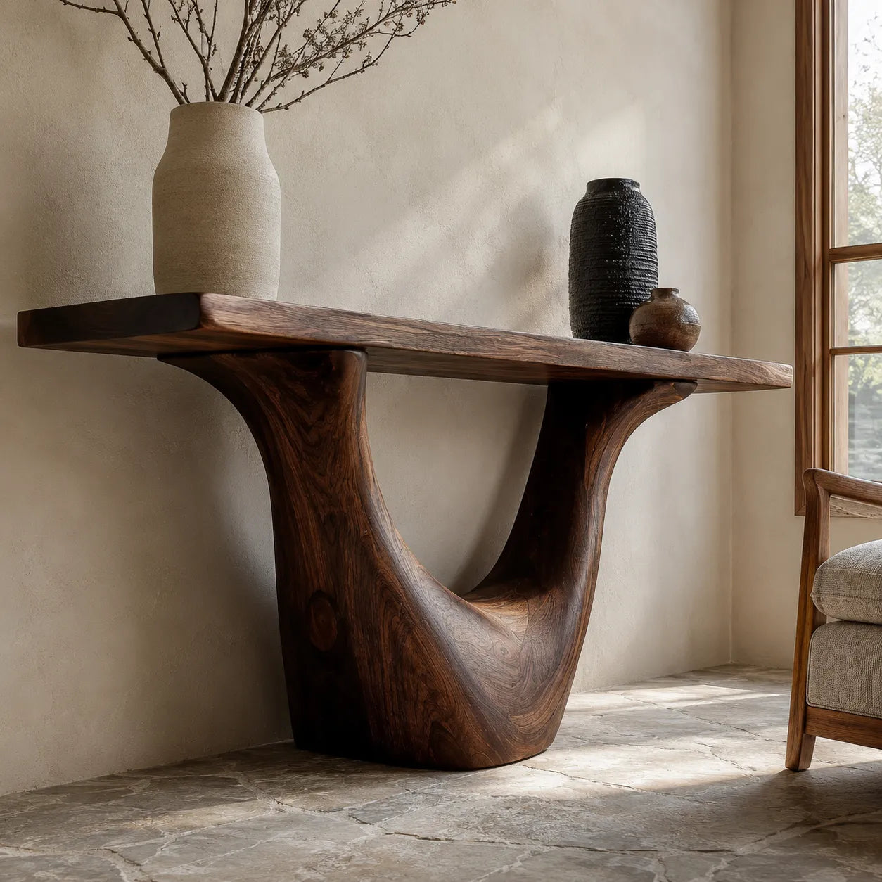 Organic Natural Solid Wood Console Table with Sculptural Open Base
