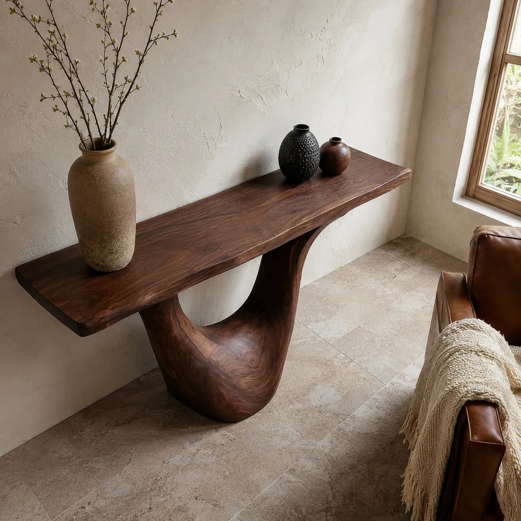 Organic Natural Solid Wood Console Table with Sculptural Open Base