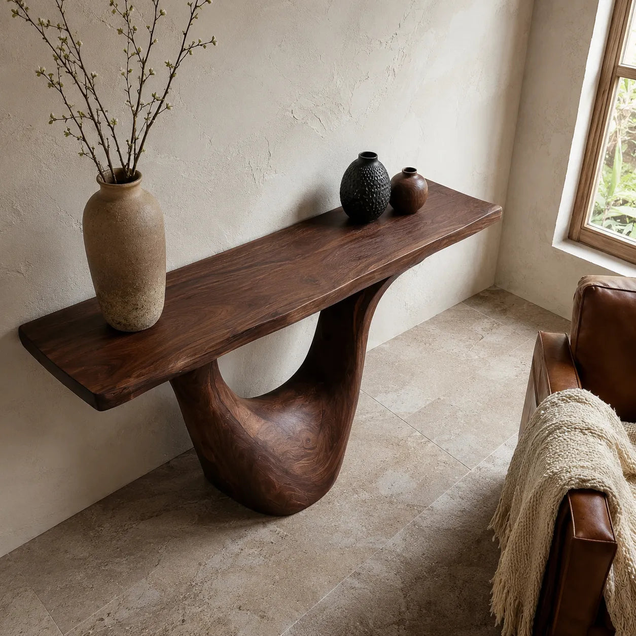 Organic Natural Solid Wood Console Table with Sculptural Open Base