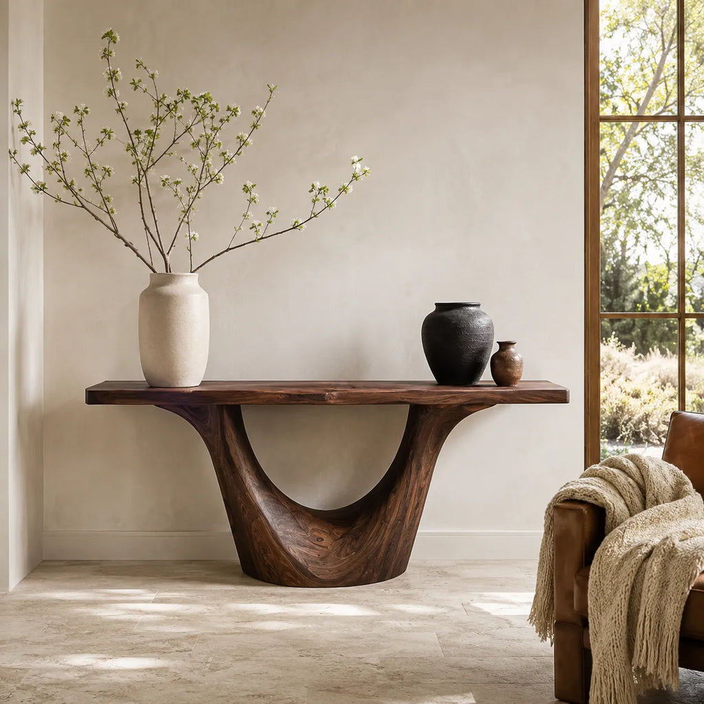 Organic Natural Solid Wood Console Table with Sculptural Open Base
