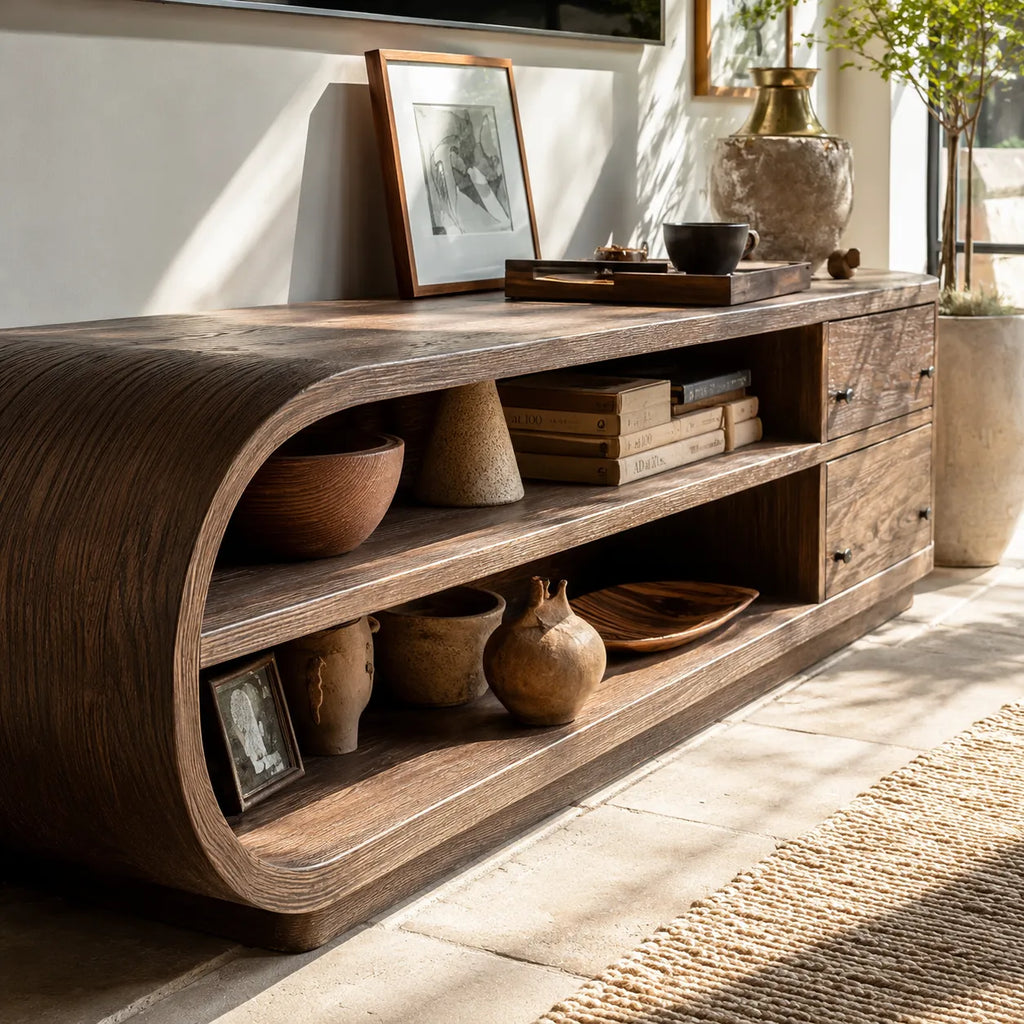 Rounded Natural Solid Wood TV Stand with Open Shelves and Side Drawers