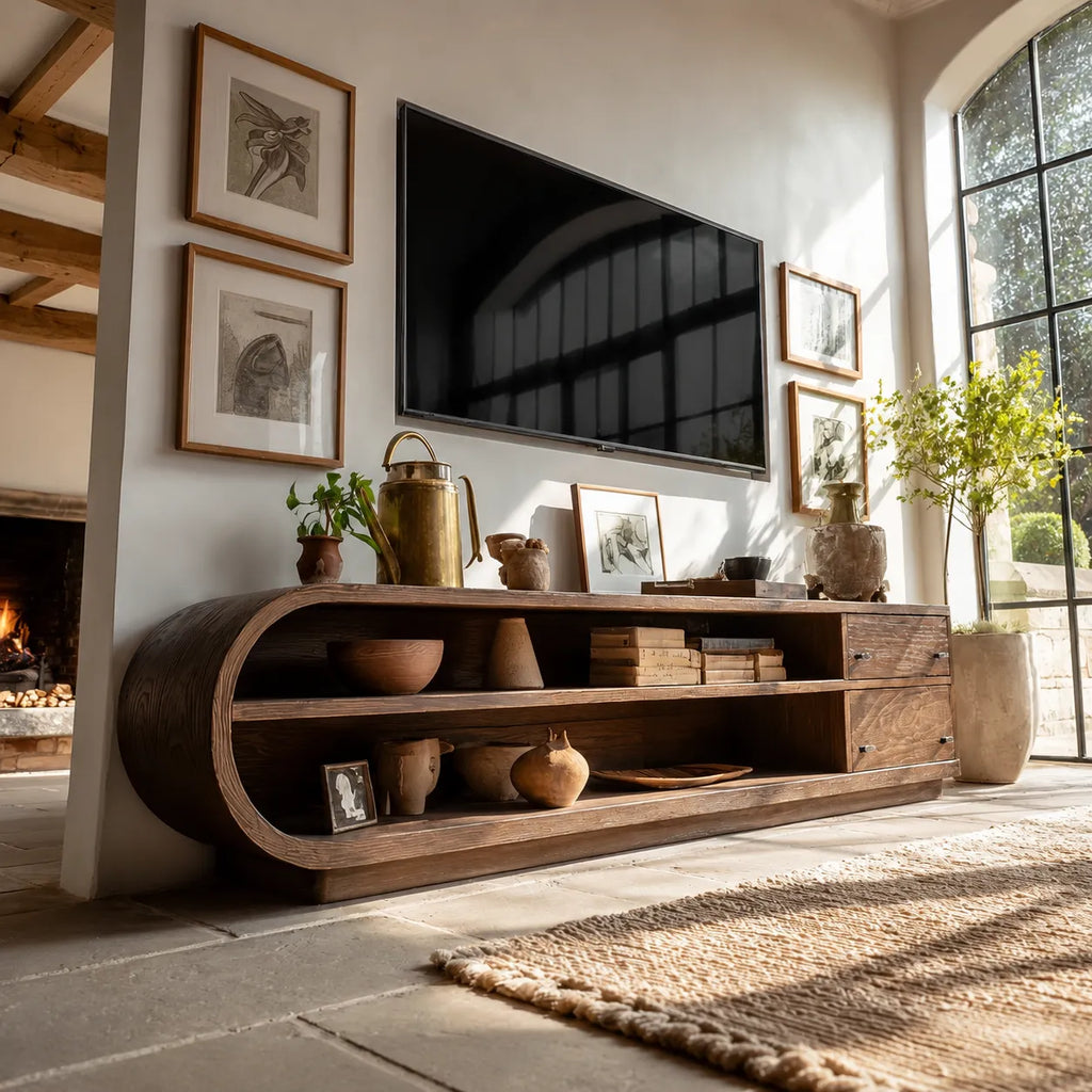 Rounded Natural Solid Wood TV Stand with Open Shelves and Side Drawers