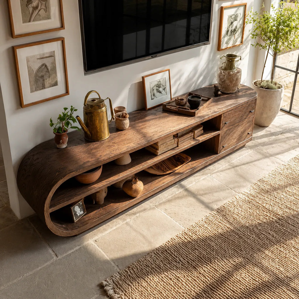 Rounded Natural Solid Wood TV Stand with Open Shelves and Side Drawers