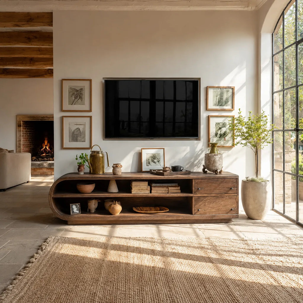 Rounded Natural Solid Wood TV Stand with Open Shelves and Side Drawers