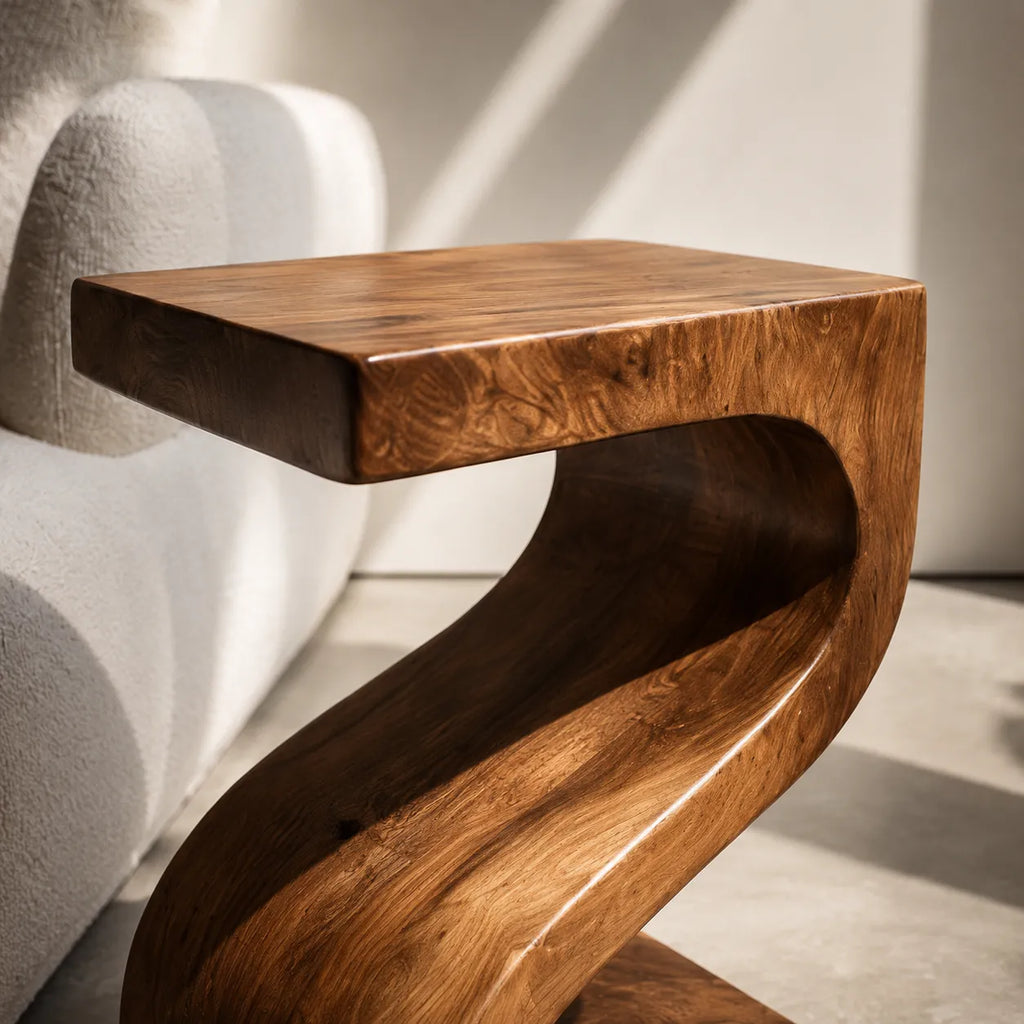 Sculptural Natural Solid Wood Side Table with Curved Z Base