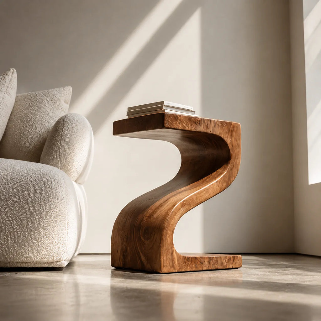 Sculptural Natural Solid Wood Side Table with Curved Z Base