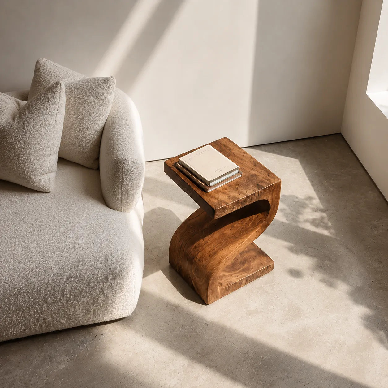 Sculptural Natural Solid Wood Side Table with Curved Z Base