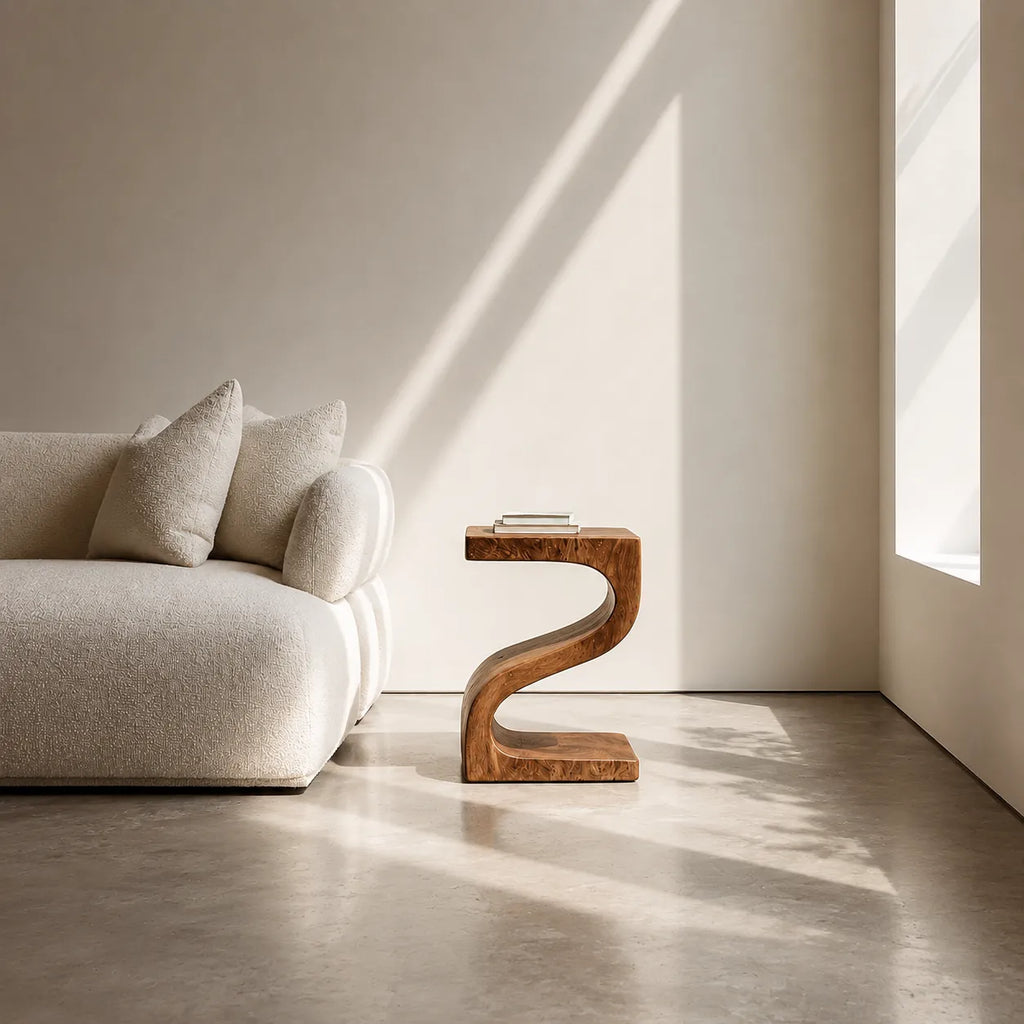 Sculptural Natural Solid Wood Side Table with Curved Z Base