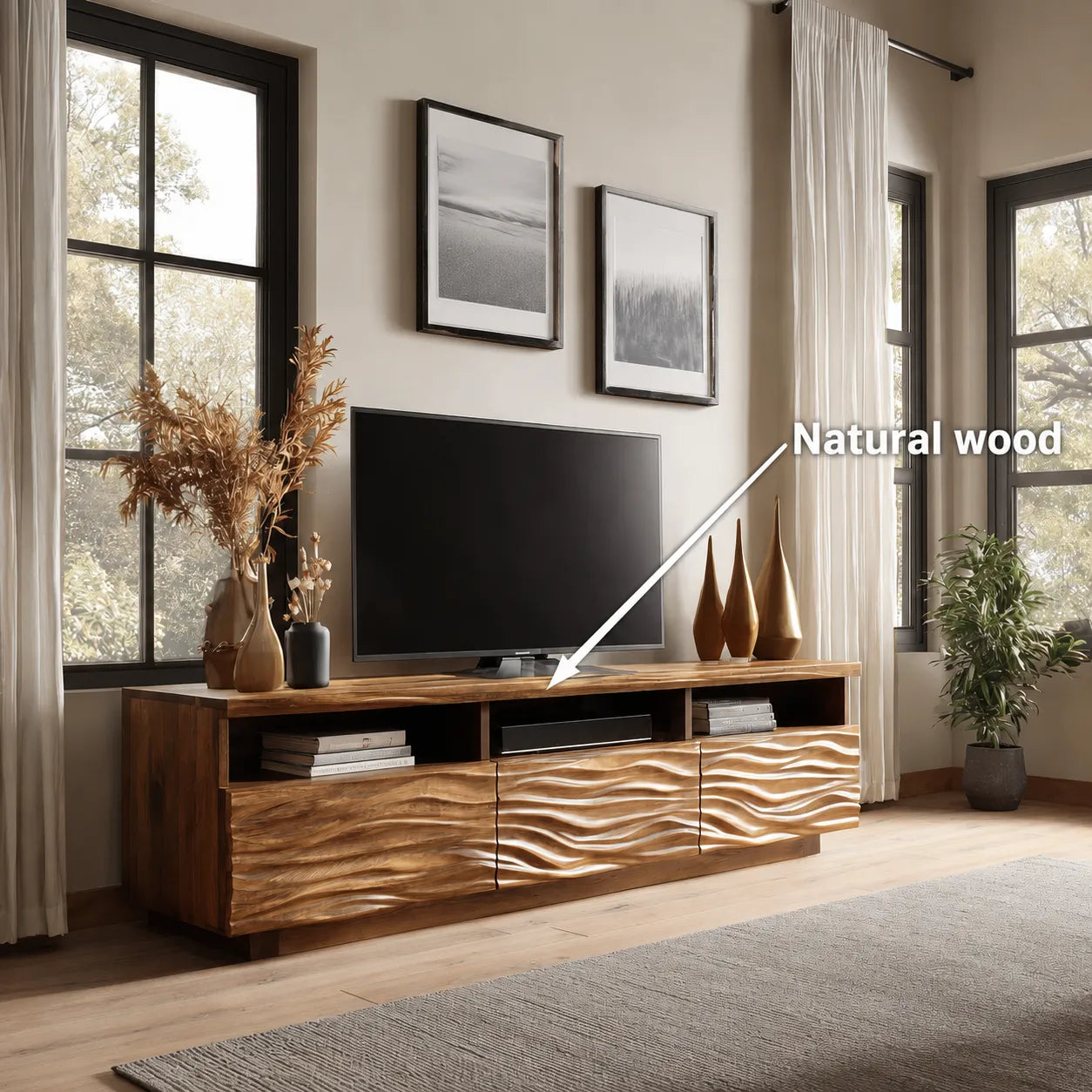 Wave Carved Natural Solid Wood TV Stand with Open Shelf Storage