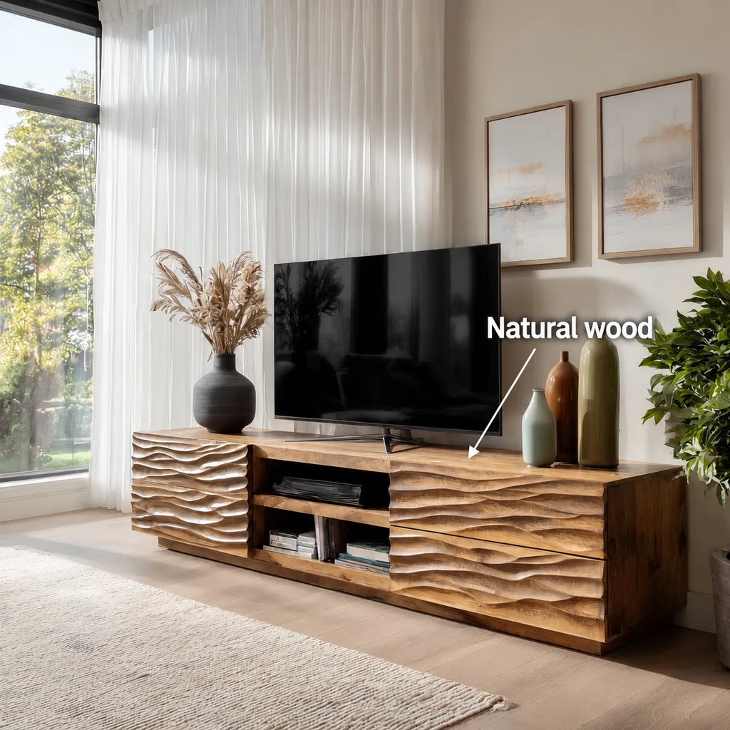 Wave Carved Natural Solid Wood TV Stand with Open Center Storage