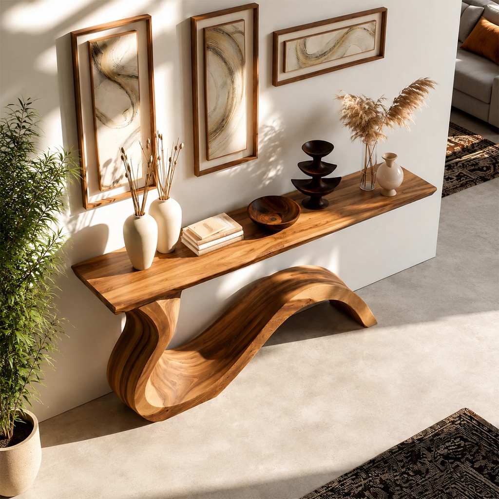 Natural Solid Wood Console Table Sculptural Wabi Sabi Style