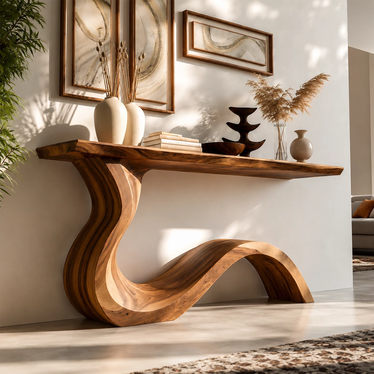 Natural Solid Wood Console Table Sculptural Wabi Sabi Style