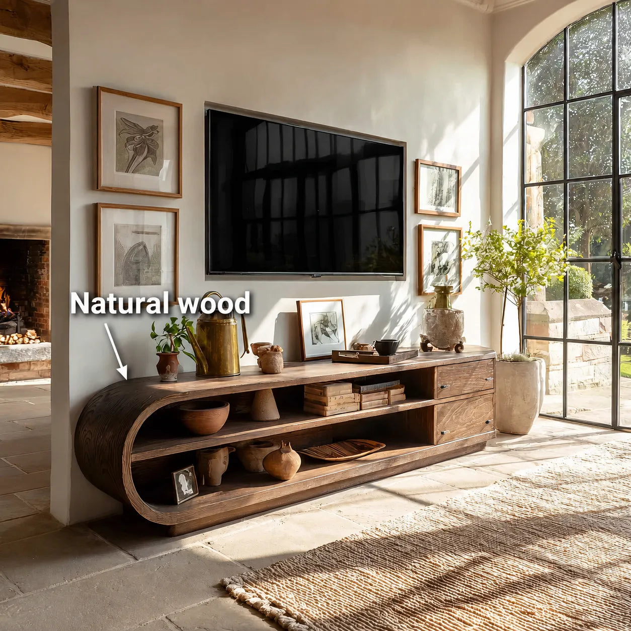 Rounded Natural Solid Wood TV Stand with Open Shelves and Side Drawers