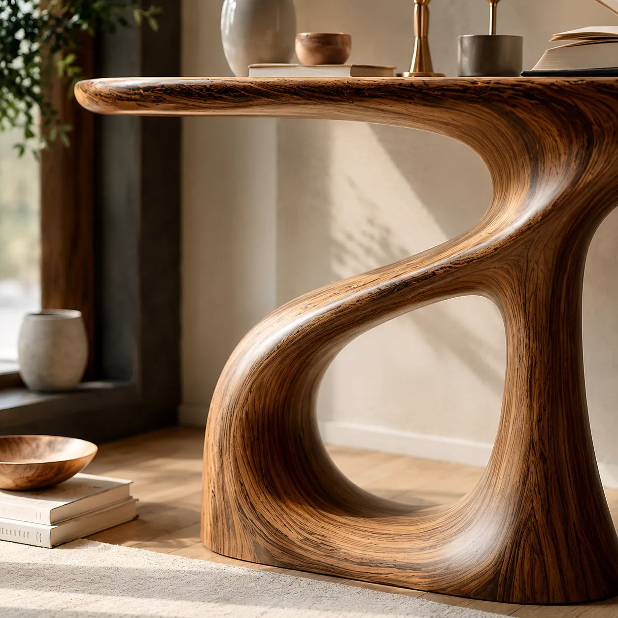 Sculptural Natural Solid Wood Console Table with Flowing Open Base