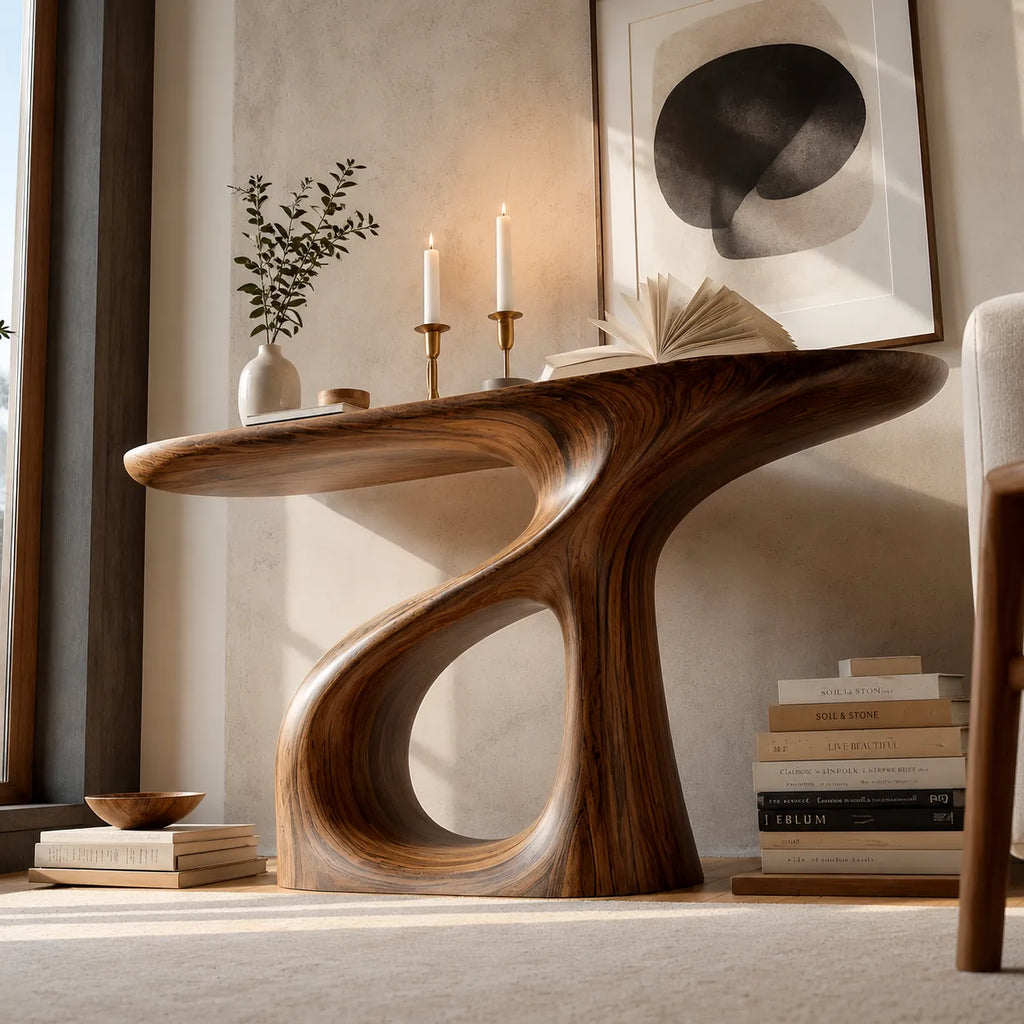 Sculptural Natural Solid Wood Console Table with Flowing Open Base