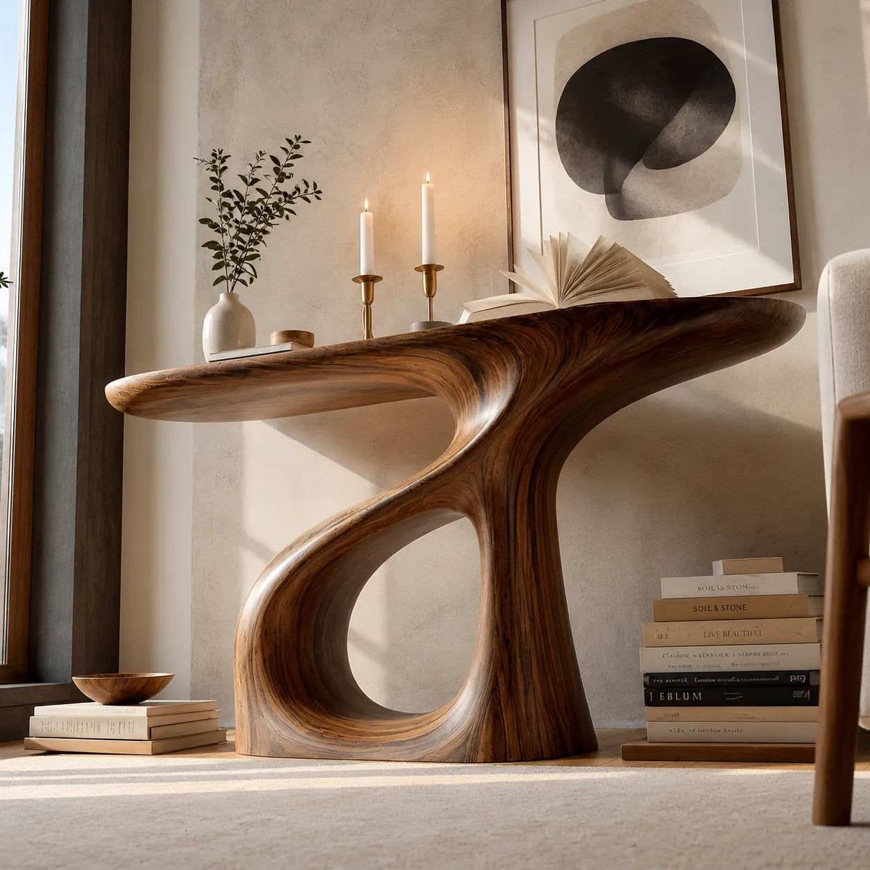 Sculptural Natural Solid Wood Console Table with Flowing Open Base
