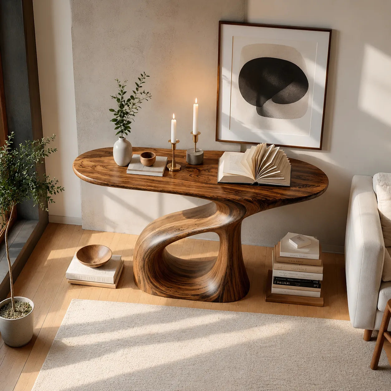 Sculptural Natural Solid Wood Console Table with Flowing Open Base
