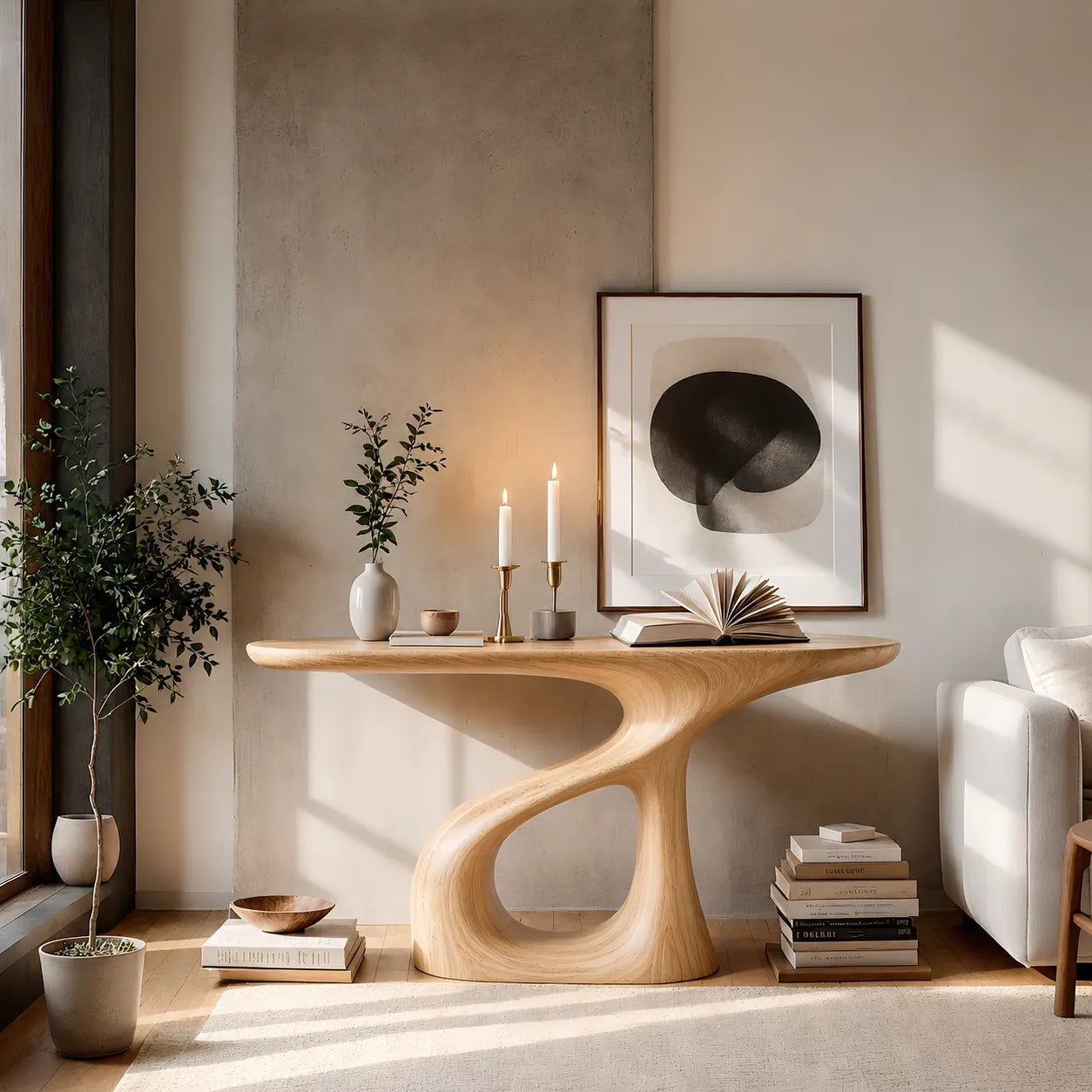 Sculptural Natural Solid Wood Console Table with Flowing Open Base