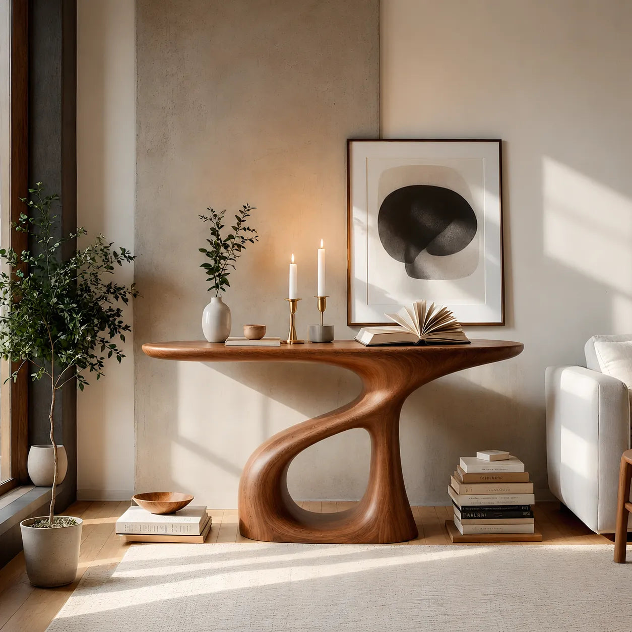 Sculptural Natural Solid Wood Console Table with Flowing Open Base