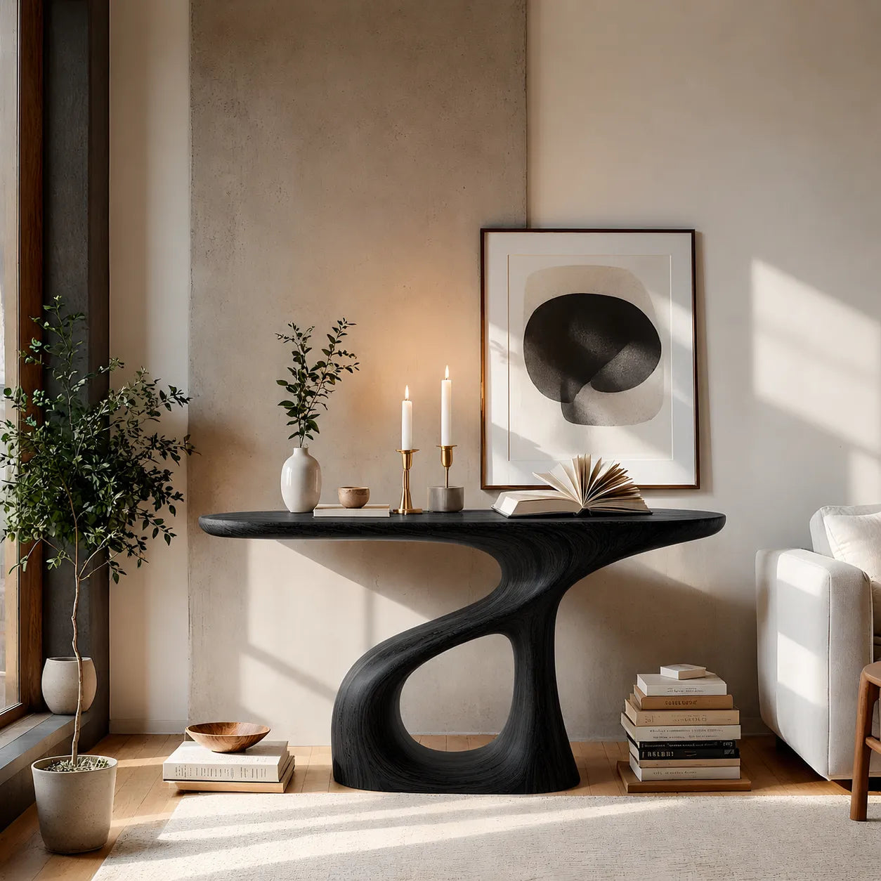 Sculptural Natural Solid Wood Console Table with Flowing Open Base