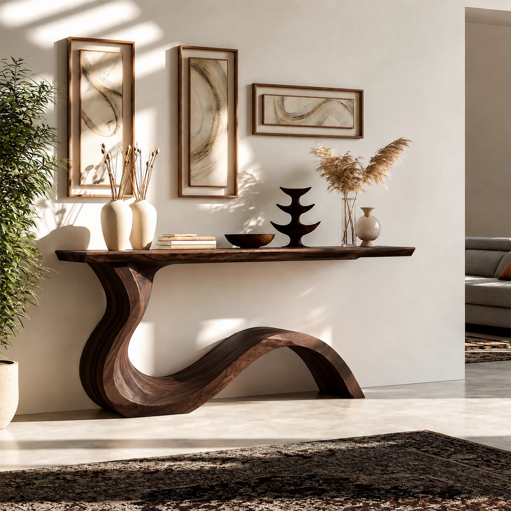 Natural Solid Wood Console Table Sculptural Wabi Sabi Style