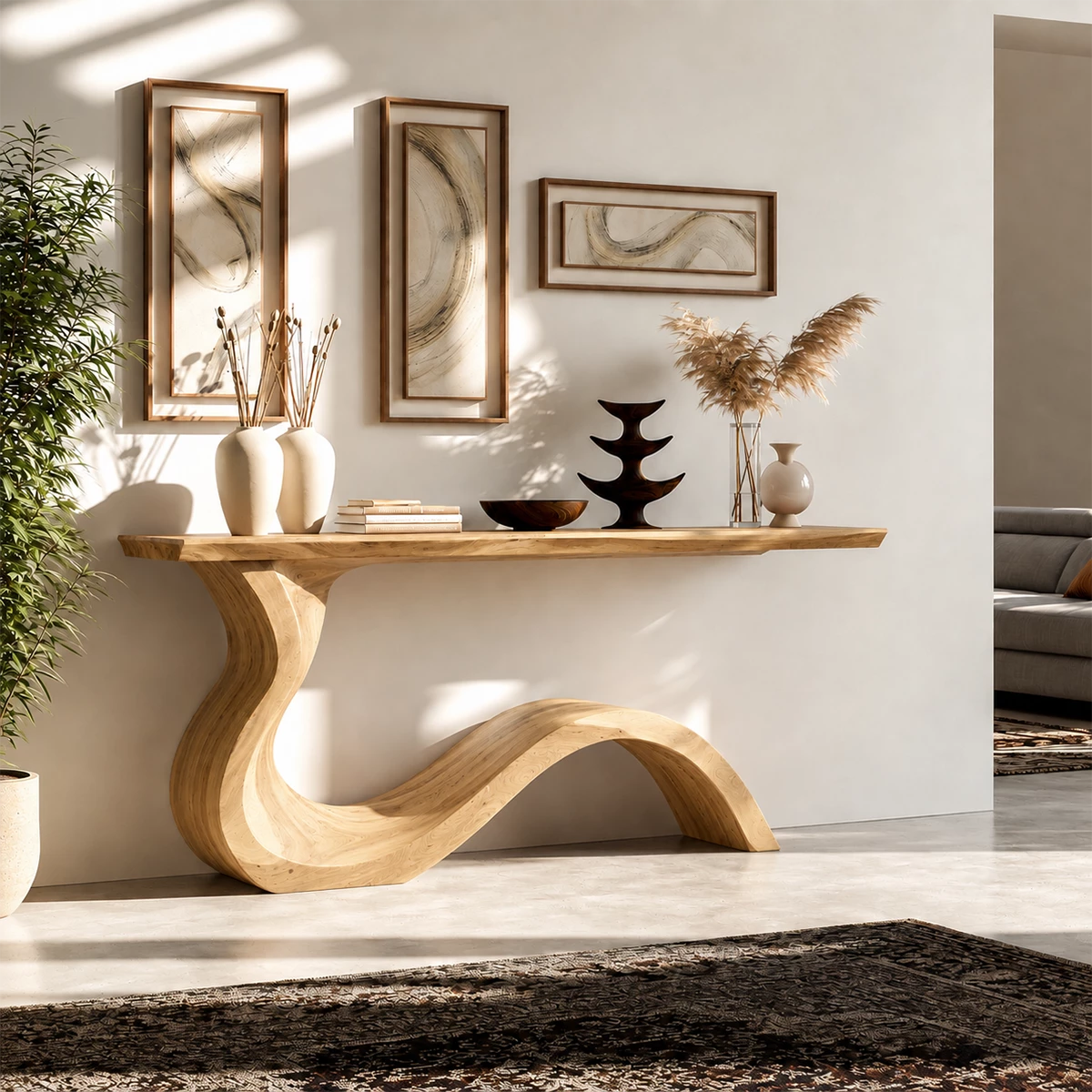 Natural Solid Wood Console Table Sculptural Wabi Sabi Style