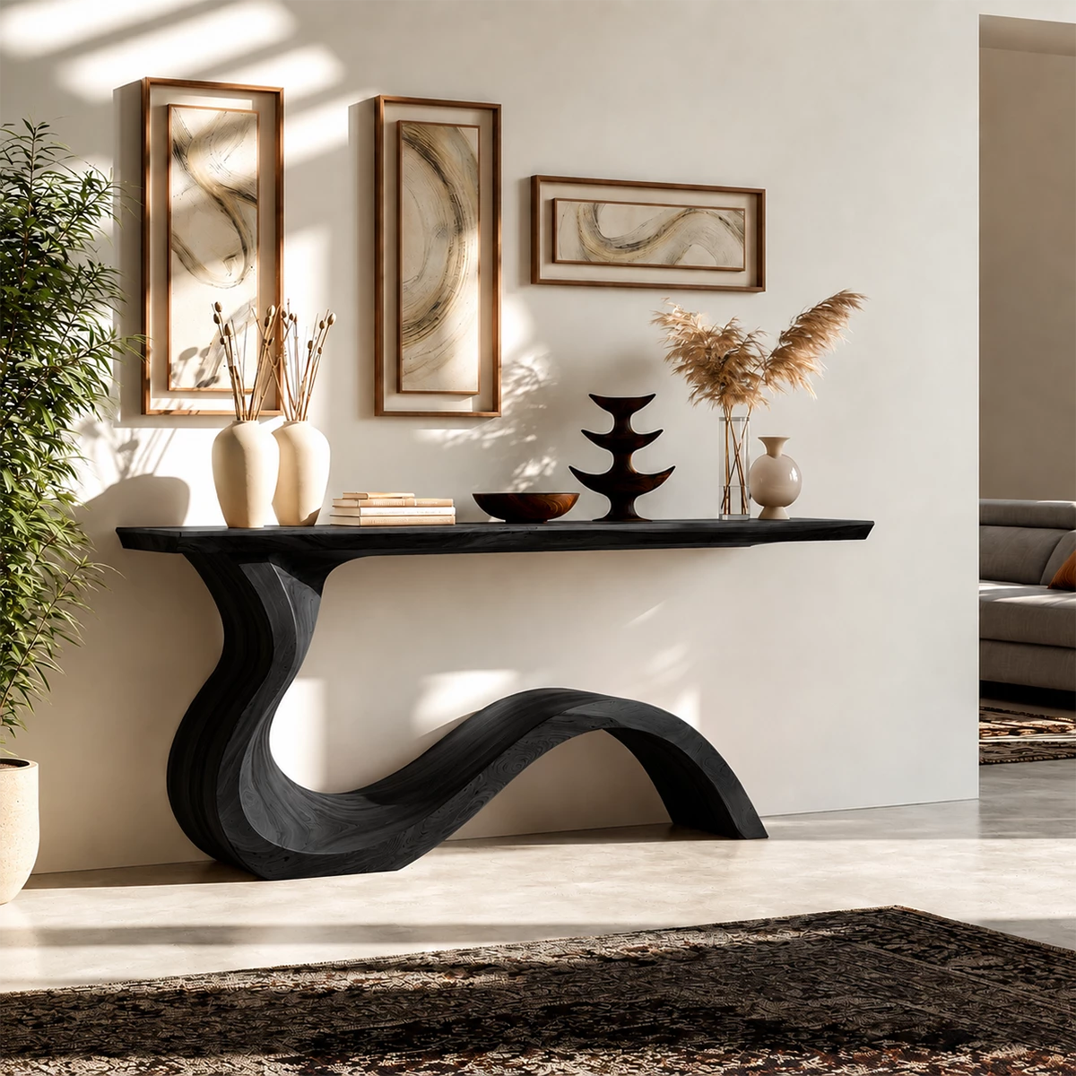 Natural Solid Wood Console Table Sculptural Wabi Sabi Style