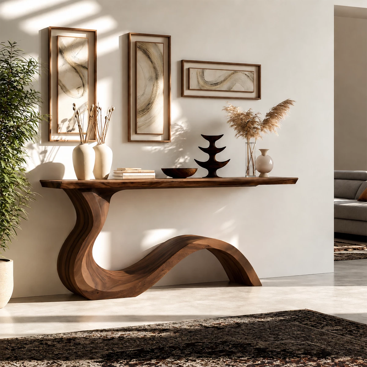 Natural Solid Wood Console Table Sculptural Wabi Sabi Style