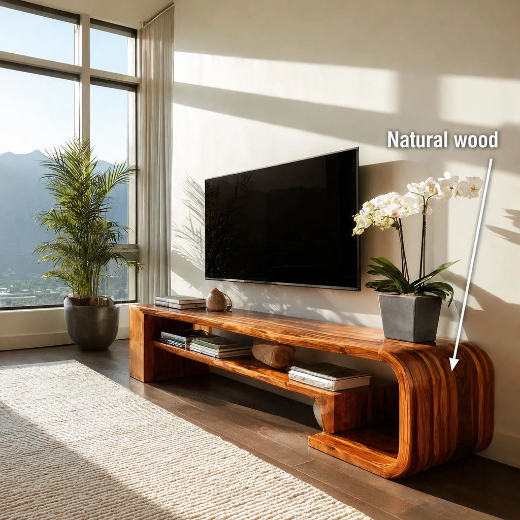 Waterfall Natural Solid Wood TV Stand with Open Display Shelves