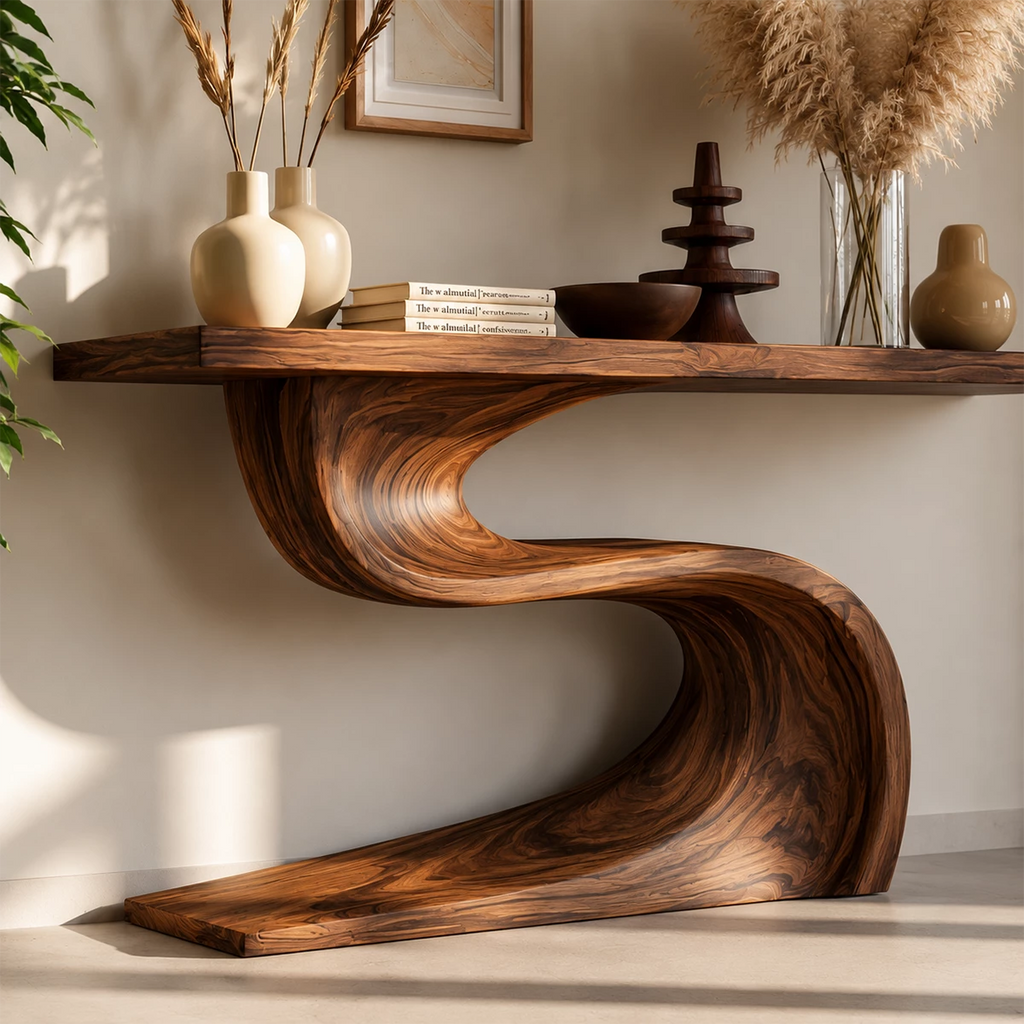Natural Solid Wood Console Table Flowing Wave Wabi Sabi Style