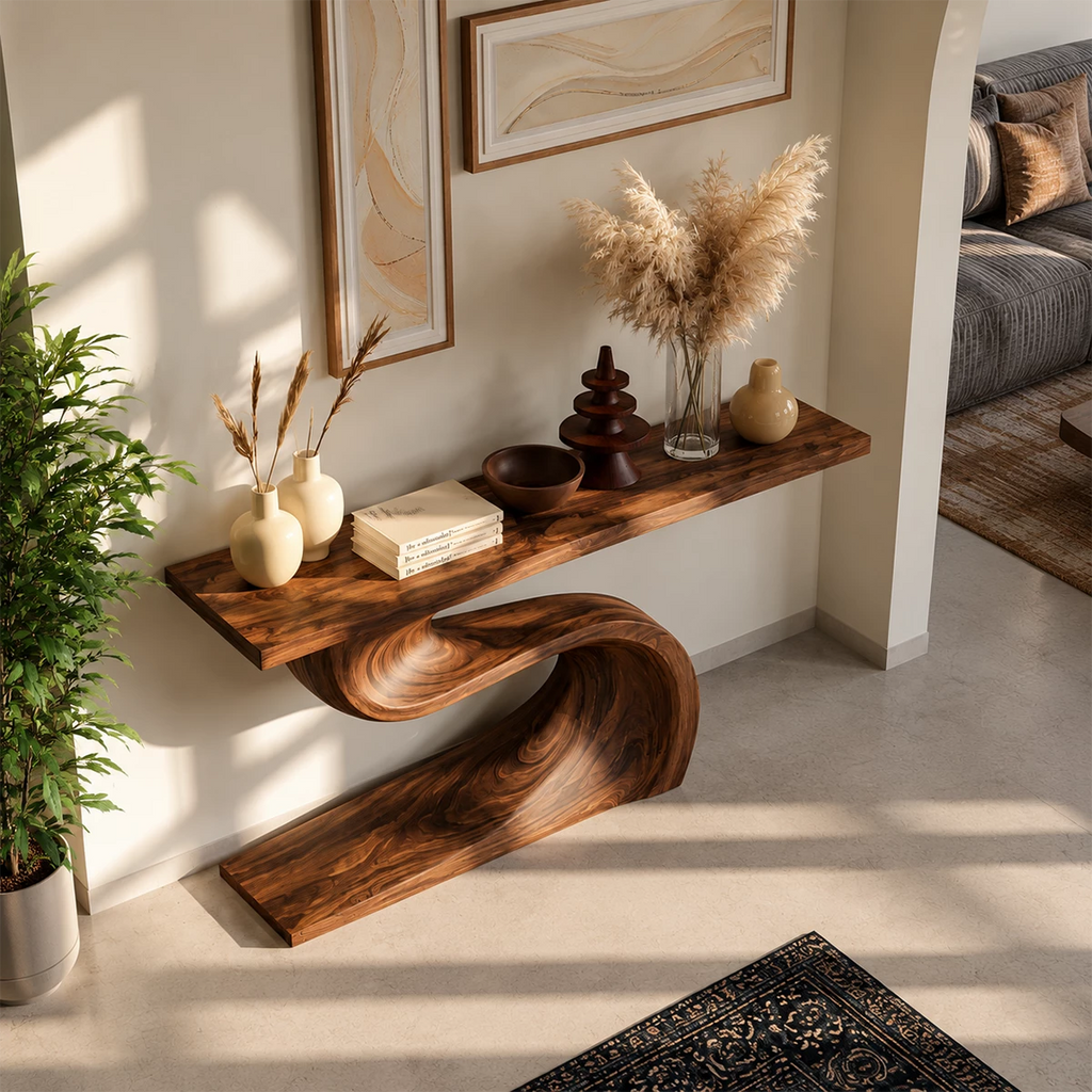 Natural Solid Wood Console Table Flowing Wave Wabi Sabi Style