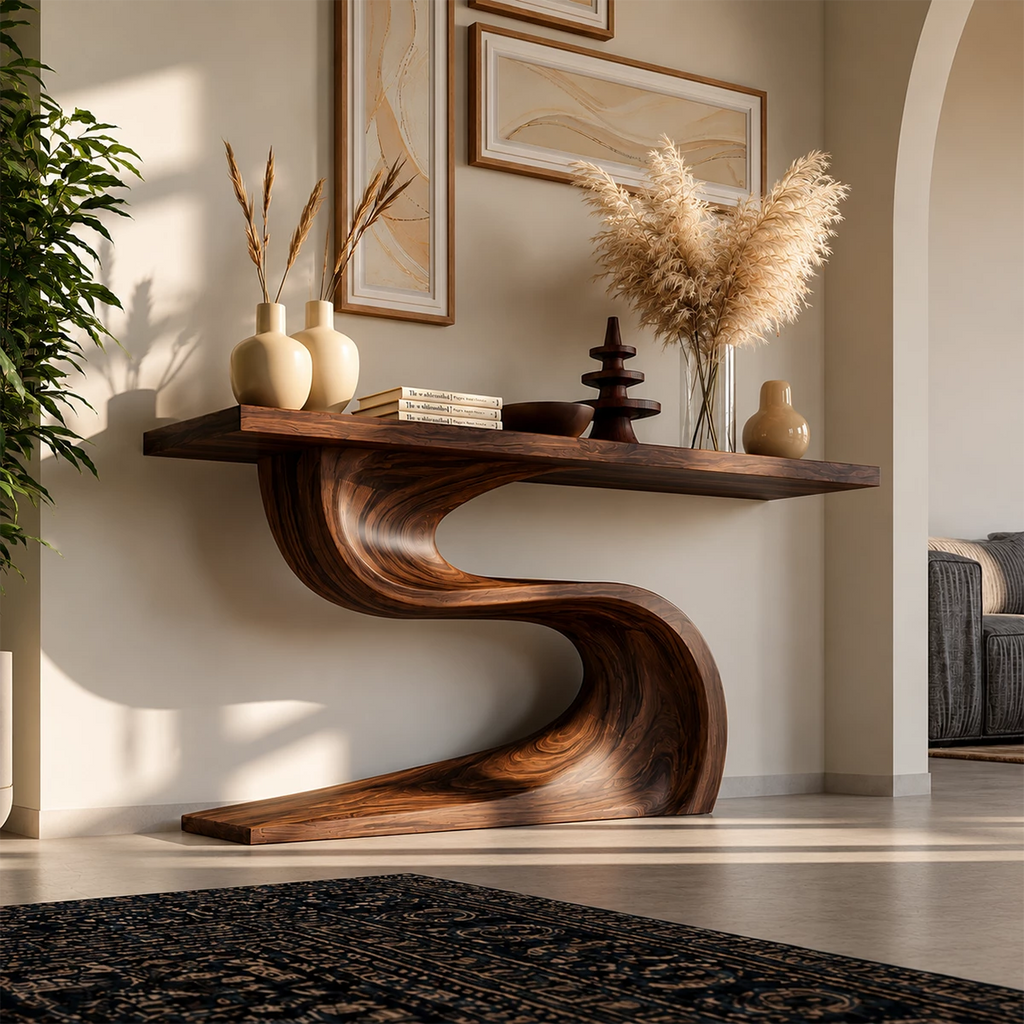 Natural Solid Wood Console Table Flowing Wave Wabi Sabi Style