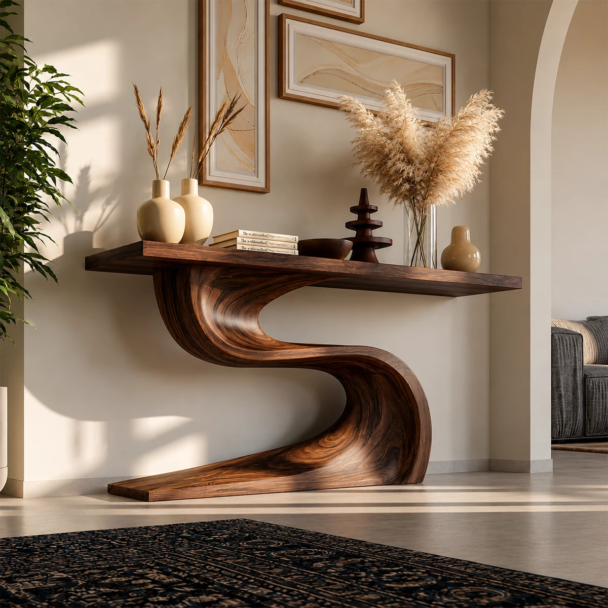 Natural Solid Wood Console Table Flowing Wave Wabi Sabi Style