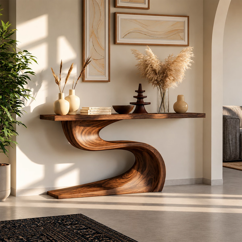 Natural Solid Wood Console Table Flowing Wave Wabi Sabi Style