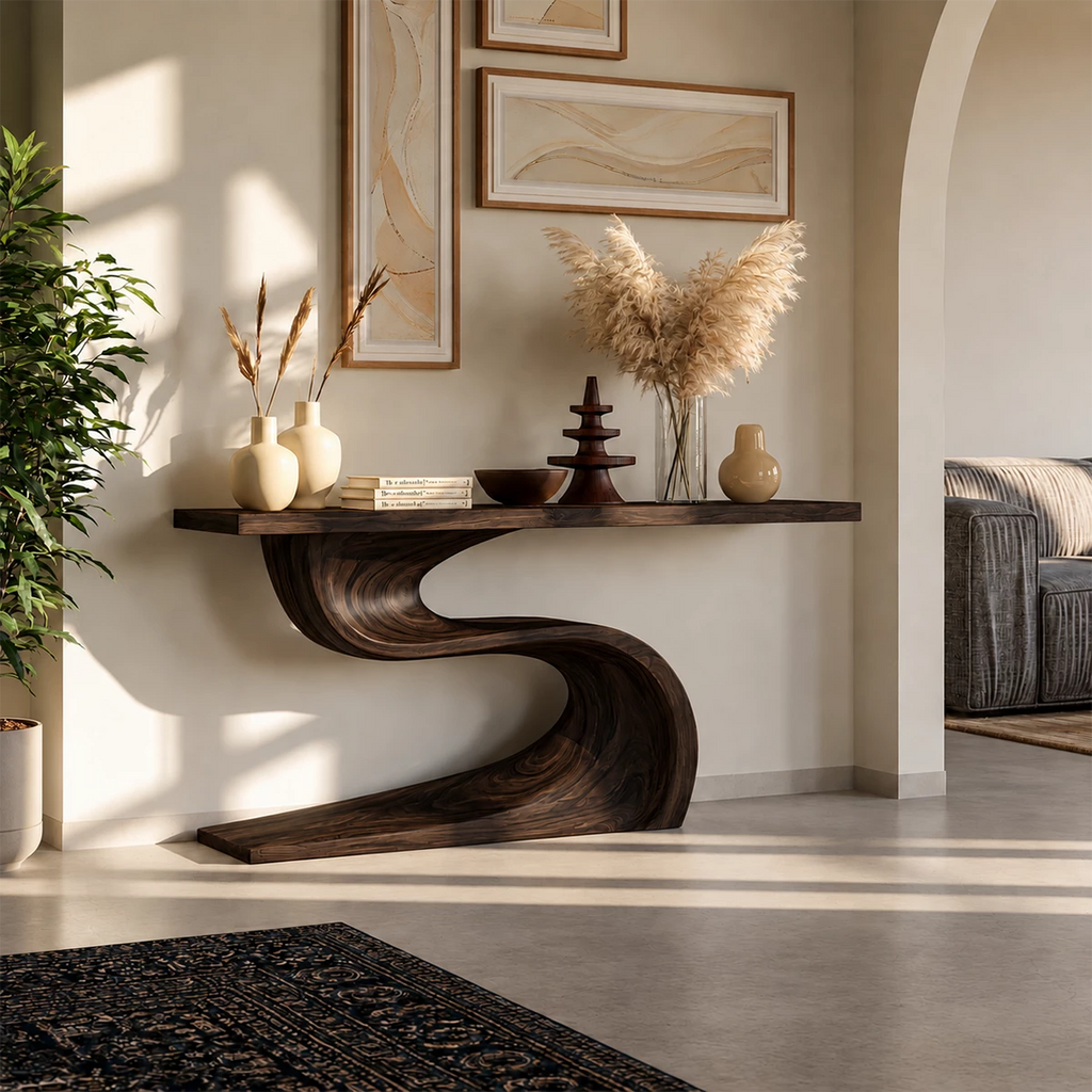 Natural Solid Wood Console Table Flowing Wave Wabi Sabi Style