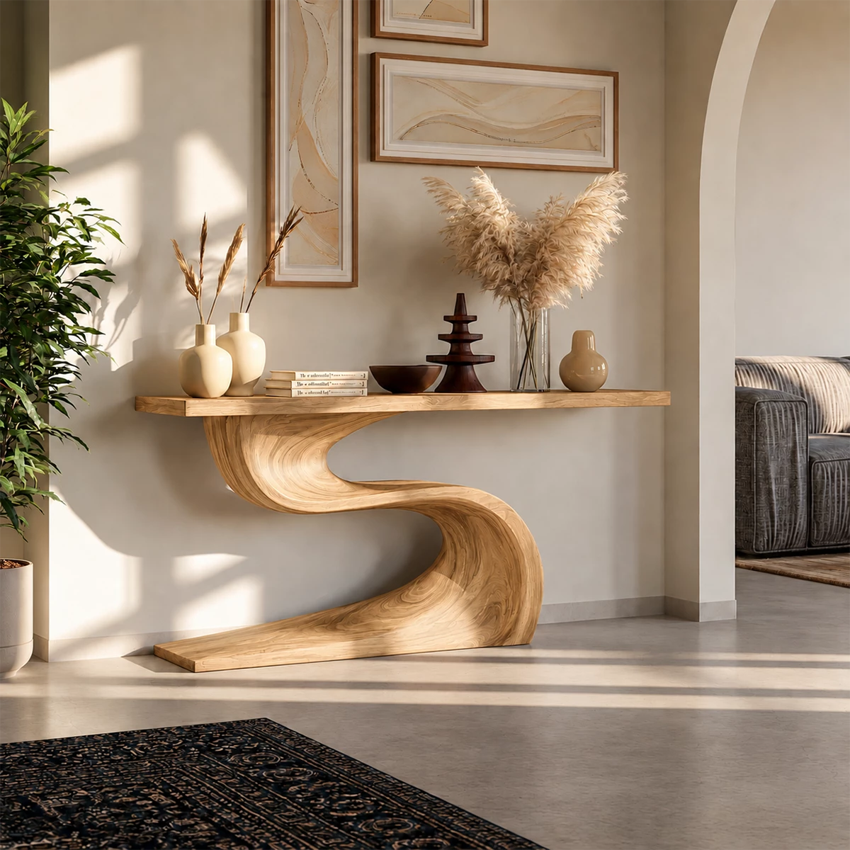 Natural Solid Wood Console Table Flowing Wave Wabi Sabi Style